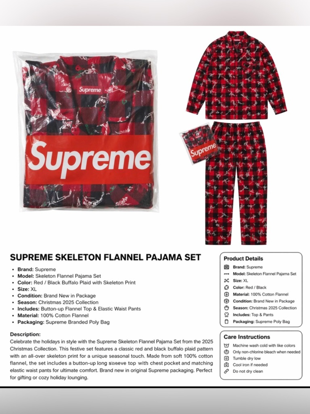 Supreme Skeleton Flannel Pajama Set XL Red Black Plaid Christmas 2025 NIP